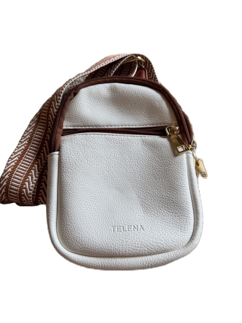 TELENA White Crossbody Bag with Brown Trim and Patterned Strap